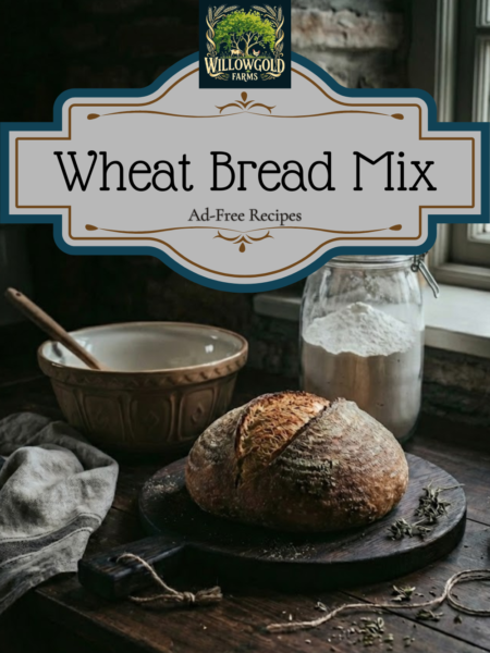 A rustic, crusty round loaf of wheat bread sits on a dark wooden cutting board next to a glass jar filled with dry bread mix and a vintage ceramic mixing bowl. Soft, moody light from a window illuminates the scene, creating a cozy cottagecore atmosphere.