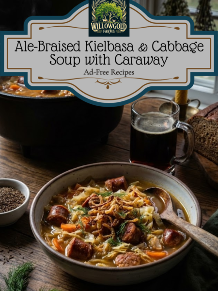 A dark ceramic bowl filled with hearty cabbage and kielbasa soup, garnished with crispy fried onions and fresh dill. A bottle of ale and scattered caraway seeds sit on a dark wooden table in the background.
