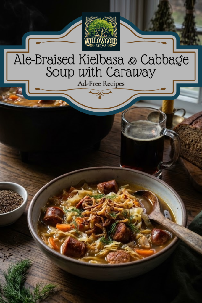 A dark ceramic bowl filled with hearty cabbage and kielbasa soup, garnished with crispy fried onions and fresh dill. A bottle of ale and scattered caraway seeds sit on a dark wooden table in the background.