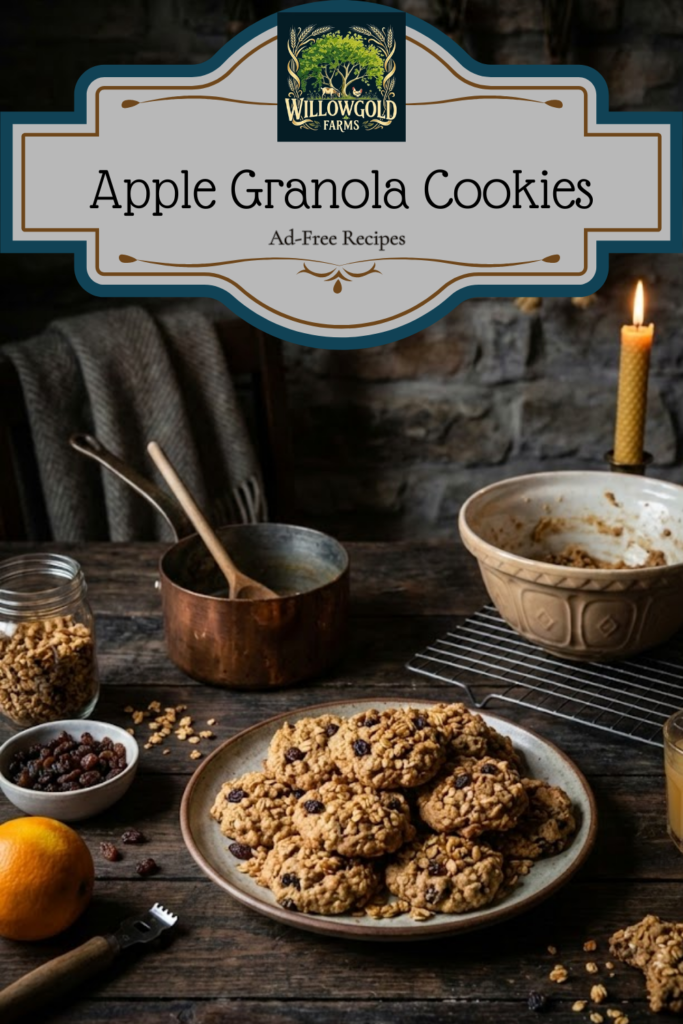 A ceramic plate piled high with chewy apple granola cookies on a dark wood table, surrounded by vintage baking equipment, a copper saucepan, and dried herbs hanging in the background.