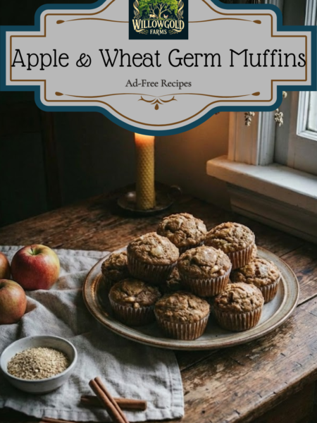 A rustic pile of hearty apple and wheat germ muffins on a ceramic plate, sitting on a worn wooden table next to fresh apples, cinnamon sticks, a bowl of wheat germ, and a lit beeswax candle by a window.