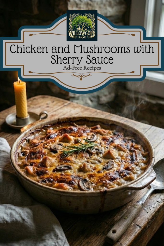 A rustic ceramic casserole dish filled with golden-brown baked chicken thighs and sliced mushrooms in a thick sherry sauce. A vintage serving spoon rests on the dark wooden table alongside fresh rosemary.