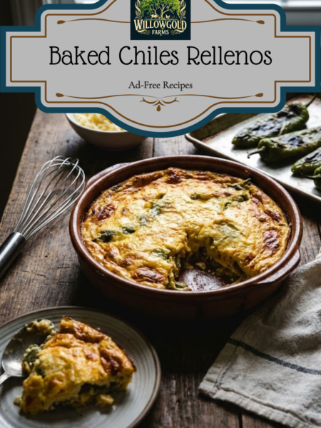 A rustic ceramic baking dish filled with golden brown baked chiles rellenos, with a serving on a plate and roasted peppers on a tray in the background, set on a dark wooden table.