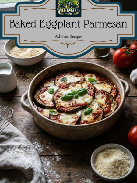 A ceramic baking dish filled with layered baked eggplant parmesan with melted cheese and fresh basil, sitting on a rustic wooden table with tomatoes and breadcrumbs nearby.