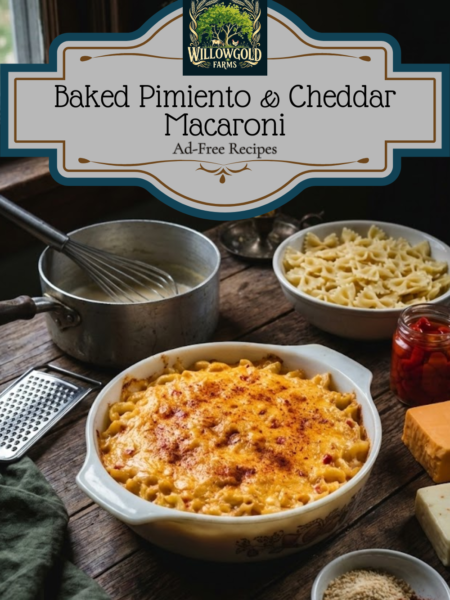 A ceramic casserole dish filled with golden baked macaroni and cheese, speckled with red diced pimientos and dusted with paprika. The dish sits on a dark wooden table surrounded by blocks of cheddar cheese, a grater, and dried pasta in a dark cottagecore kitchen.