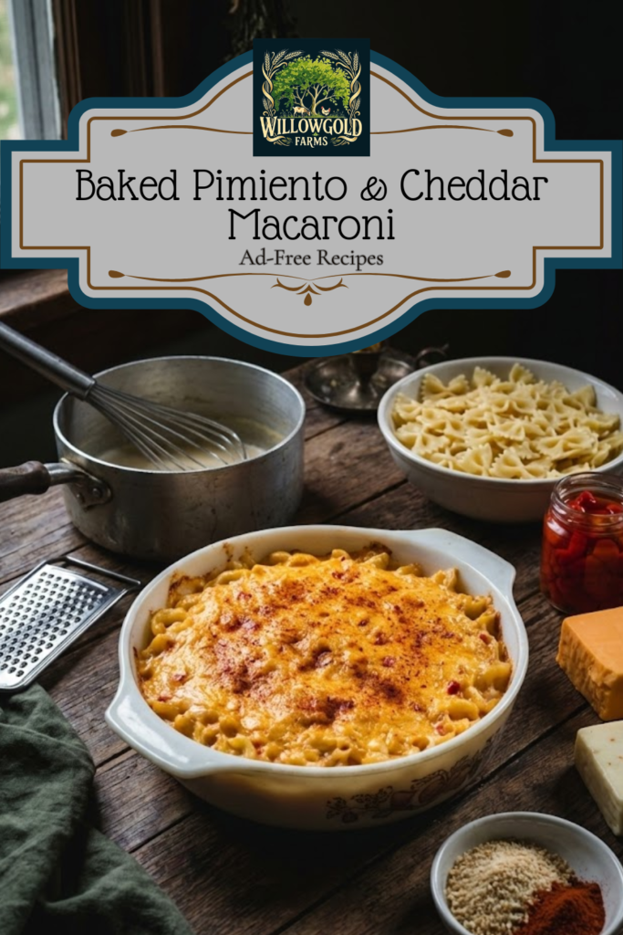 A ceramic casserole dish filled with golden baked macaroni and cheese, speckled with red diced pimientos and dusted with paprika. The dish sits on a dark wooden table surrounded by blocks of cheddar cheese, a grater, and dried pasta in a dark cottagecore kitchen.