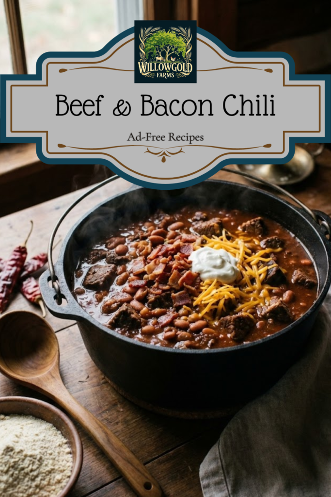 A steaming cast iron Dutch oven filled with rich beef and bacon chili, topped with shredded cheese and sour cream, sitting on a rustic wooden table next to a window with dried red chiles and a bowl of masa harina by candlelight.