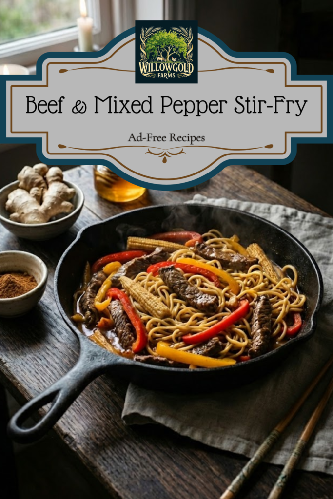 A heavy cast iron wok filled to the brim with beef stir-fry, red and yellow peppers, and baby corn, sitting on a dark wooden table next to a small bowl of five-spice powder and vintage chopsticks.