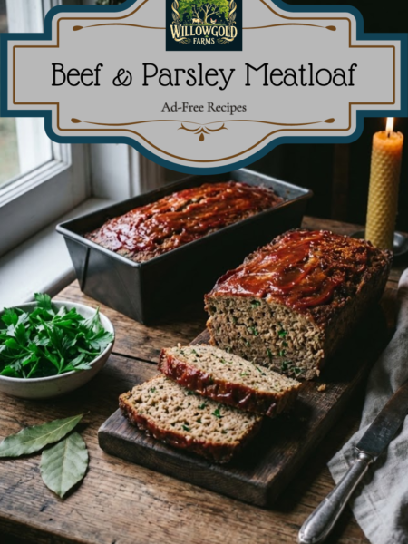 Two rustic meatloaves cooling on a dark wooden cutting board, topped with bay leaves and surrounded by bunches of fresh parsley and scattered peppercorns.