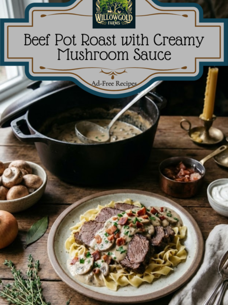 A ceramic plate filled with sliced beef pot roast and egg noodles topped with creamy mushroom sauce and crumbled bacon, sitting on a dark wooden table next to a cast iron Dutch oven and fresh thyme.