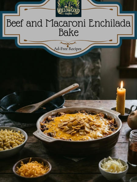 A steaming ceramic casserole dish filled with beef and bean enchilada pasta, topped with melted cheddar and corn chips, sitting on a rustic wooden table next to a cast iron skillet and a beeswax candle.