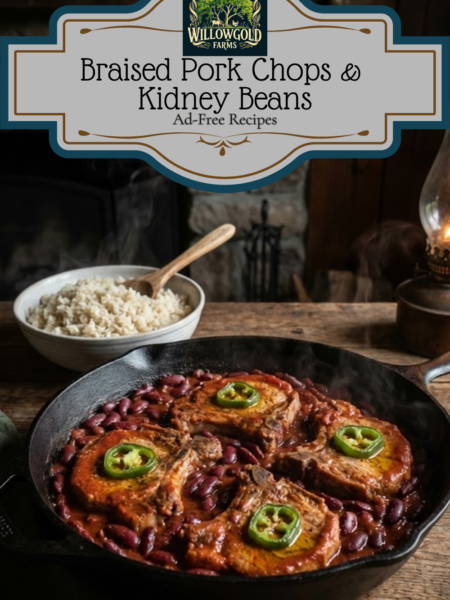 Cast iron skillet filled with braised pork chops in a rich red kidney bean and tomato sauce, topped with green pepper rings, resting on a rustic wooden table.