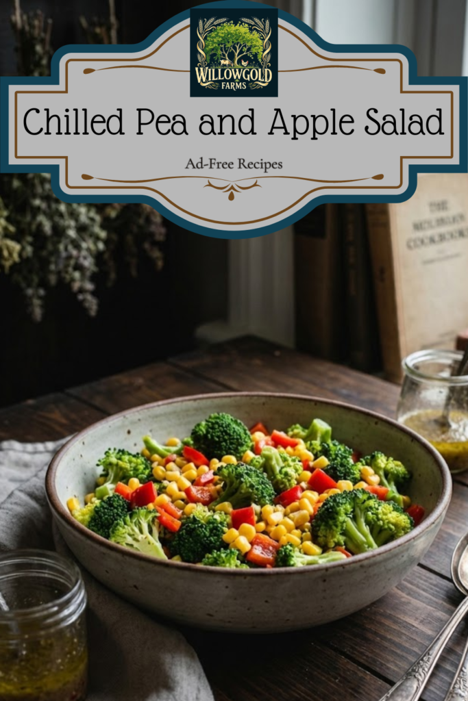 A ceramic bowl filled with bright green broccoli florets, yellow corn kernels, and diced red peppers tossed in a vinegar dressing, sitting on a dark wooden table next to a vintage glass jar of dressing and antique kitchen tools.