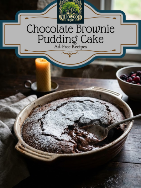 An oval ceramic baking dish filled with rich Chocolate Brownie Pudding Cake, dusted with powdered sugar. A vintage silver spoon is scooping out a gooey, fudgy portion, revealing the molten center, set on a dark wood table.