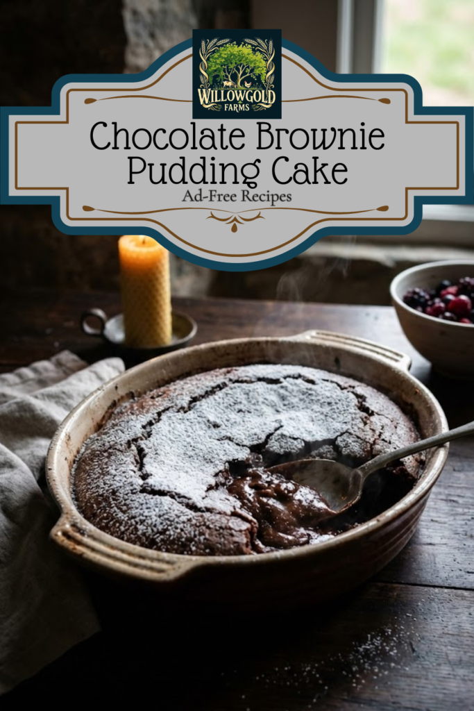 An oval ceramic baking dish filled with rich Chocolate Brownie Pudding Cake, dusted with powdered sugar. A vintage silver spoon is scooping out a gooey, fudgy portion, revealing the molten center, set on a dark wood table.