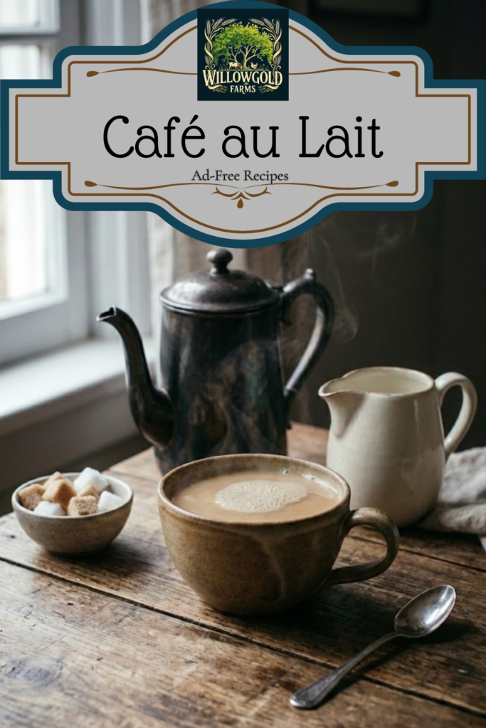 A large white ceramic cup filled with frothy café au lait, sitting on a dark wooden table between a vintage metal coffee pot and a pitcher of hot milk.