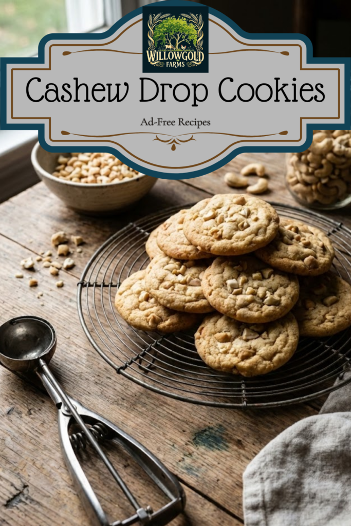 A wire cooling rack stacked with golden brown cashew drop cookies sitting on a dark wooden table next to a jar of whole cashews, a bowl of chopped nuts, and a metal cookie scoop near a window.