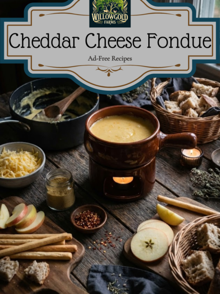 A ceramic fondue pot filled with melted cheddar cheese sauce, surrounded by sliced apples, breadsticks, and a bowl of shredded cheese on a dark wooden table.