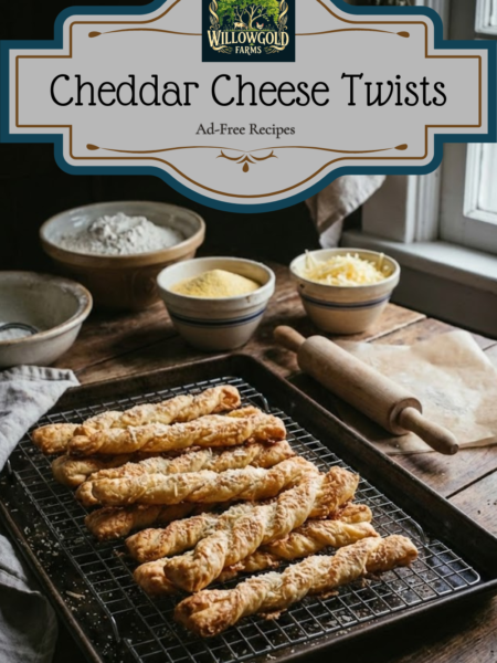 A wire cooling rack holding golden brown cornmeal and cheddar cheese twists, set on a dark wooden table with a small bowl of grated parmesan and antique baking tools.