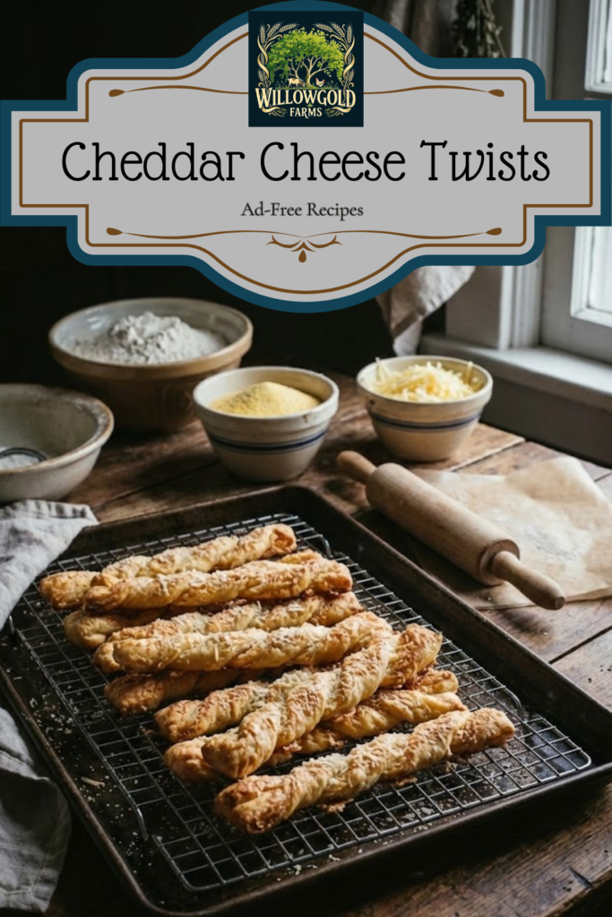 A wire cooling rack holding golden brown cornmeal and cheddar cheese twists, set on a dark wooden table with a small bowl of grated parmesan and antique baking tools.