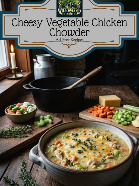 A large ceramic bowl filled with thick, creamy cheesy chicken and vegetable chowder, sitting on a rustic wooden table next to chopped carrots, celery, and a cast iron Dutch oven.