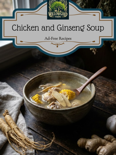 A dark ceramic bowl filled with golden chicken broth, chunks of chicken, yellow corn, and sliced ginseng roots. Fresh ginger, garlic cloves, and a wooden spoon rest on a moody, dark wooden table in the background.