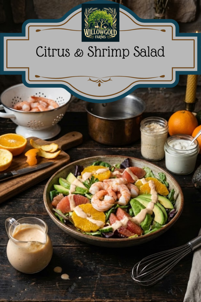 A rustic ceramic bowl filled with mixed greens, topped with boiled shrimp, orange and grapefruit segments, and avocado slices, drizzled with a creamy horseradish dressing, sitting on a dark wooden table next to fresh citrus fruit.