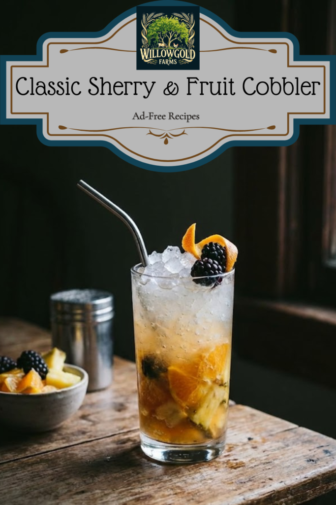 A tall glass filled with crushed ice and a golden sherry cocktail, garnished with fresh pineapple and orange slices, sitting on a dark wooden table with a metal shaker nearby.