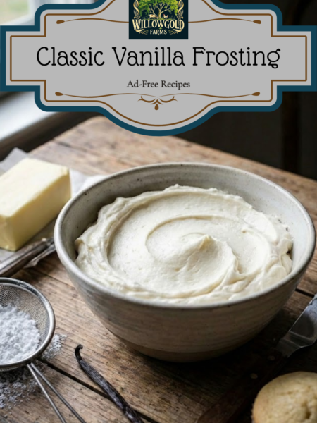 A ceramic bowl filled with swirled white vanilla frosting sitting on a dark wooden table next to a block of butter, a sieve of powdered sugar, a vanilla bean, and an offset spatula near a window.