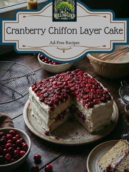 A two-layer cranberry cake with a slice removed, revealing the fluffy interior. The cake is topped with jammy roasted cranberries and the sides are frosted with white cream. A vintage fork and loose fresh cranberries sit on a dark wooden table in a moody kitchen.