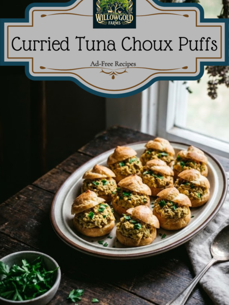 A dark wooden platter filled with golden baked choux pastry puffs filled with a creamy curried tuna salad and topped with fresh parsley, set against a moody kitchen background.