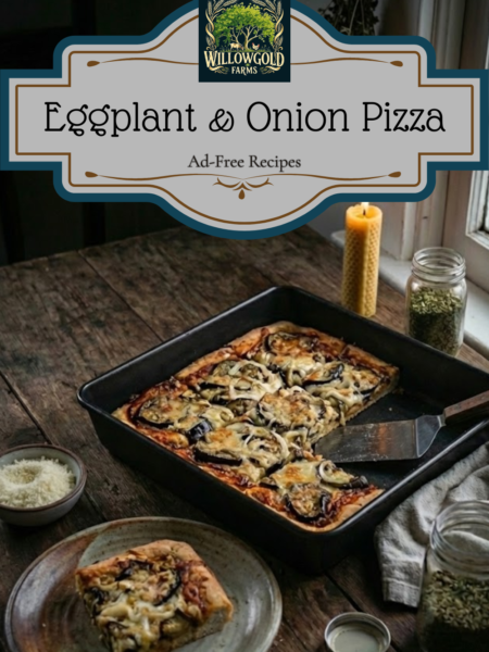 A slice of thick-crust square pizza served on a ceramic plate in the foreground, featuring toppings of sautéed Japanese eggplant, sliced plum tomatoes, and fresh grated Parmesan cheese. Behind it sits the metal baking pan with the rest of the savory pie on a dark wooden table.
