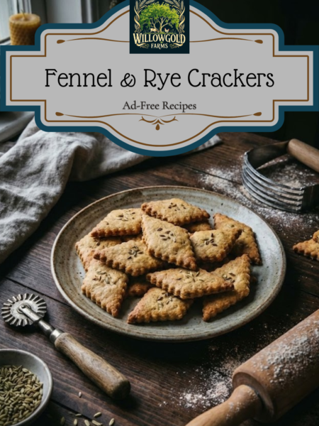 A rustic ceramic plate piled with golden-brown, diamond-shaped fennel-rye crackers with fluted edges. A vintage rolling pin, pastry wheel, pastry blender, and a bowl of fennel seeds sit on a dark wooden table next to a window in a cottage kitchen.