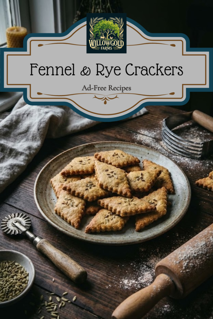 A rustic ceramic plate piled with golden-brown, diamond-shaped fennel-rye crackers with fluted edges. A vintage rolling pin, pastry wheel, pastry blender, and a bowl of fennel seeds sit on a dark wooden table next to a window in a cottage kitchen.