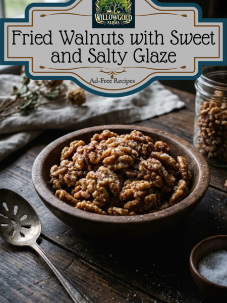 A stoneware bowl filled with golden brown fried walnuts coated in a sugar glaze, sitting on a dark wooden table next to antique kitchen tools and a coarse sieve.
