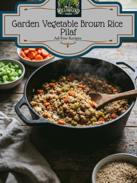 A cast iron Dutch oven filled with steaming brown rice pilaf dotted with cooked carrots and celery, sitting on a rustic wooden table next to bowls of raw ingredients and a linen napkin.