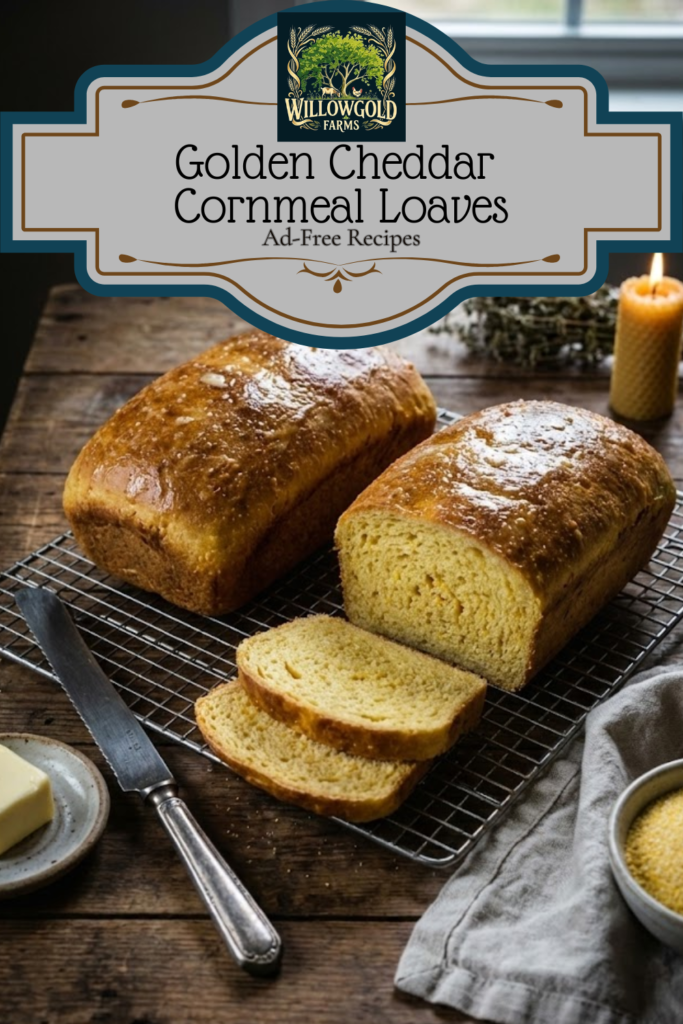 Two golden-brown loaves of cheddar cornmeal bread cooling on a wire rack on a rustic wooden table, with slices cut to show the yellow crumb, next to a beeswax candle and butter.