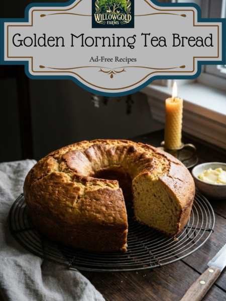 A golden brown ring-shaped loaf of bread cooling on a wire rack, set against a dark wooden table with vintage kitchenware in the background.