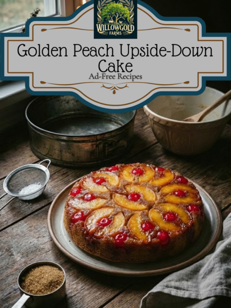 A rectangular golden cake topped with caramelized peach slices and bright red maraschino cherries on a dark wooden table. A vintage flour sifter and a bowl of batter sit nearby in a moody kitchen.