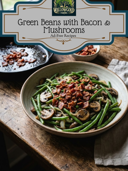 A ceramic serving bowl filled with sautéed green beans, onions, and sliced mushrooms, topped with generous amounts of crumbled bacon, sitting on a wooden table next to a cast iron skillet.