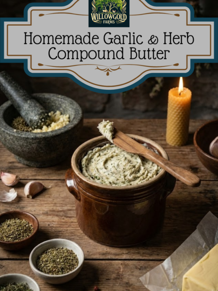 A brown ceramic crock filled with whipped garlic and herb butter with a wooden spreader resting on top, sitting on a rustic wooden table next to small bowls of dried herbs, garlic cloves, a block of butter, and a beeswax candle.