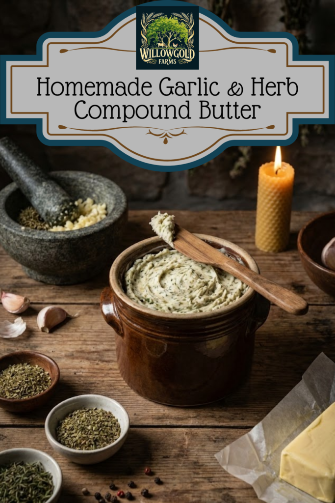A brown ceramic crock filled with whipped garlic and herb butter with a wooden spreader resting on top, sitting on a rustic wooden table next to small bowls of dried herbs, garlic cloves, a block of butter, and a beeswax candle.