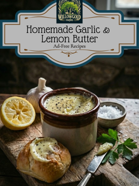 A glass jar filled with whipped garlic butter showing a swirl where a knife has scooped it. A vintage knife with a smear of butter rests on a dark wooden board next to a soft dinner roll.