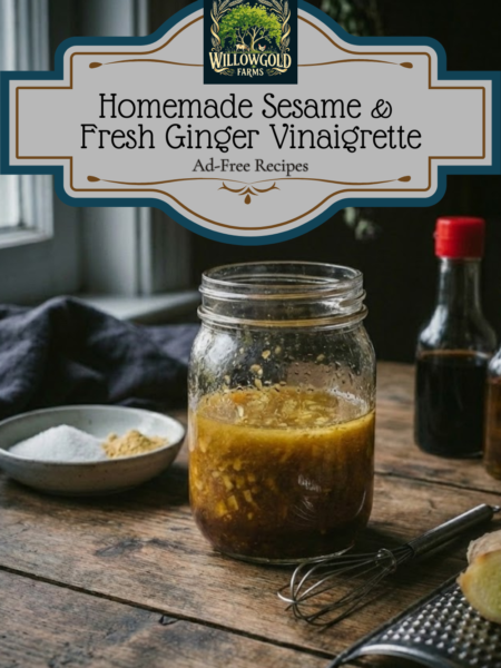 A glass mason jar filled with homemade sesame and ginger dressing, sitting on a dark wooden table. A small bowl of soy sauce and a piece of fresh ginger sit nearby in a moody, dimly lit kitchen.