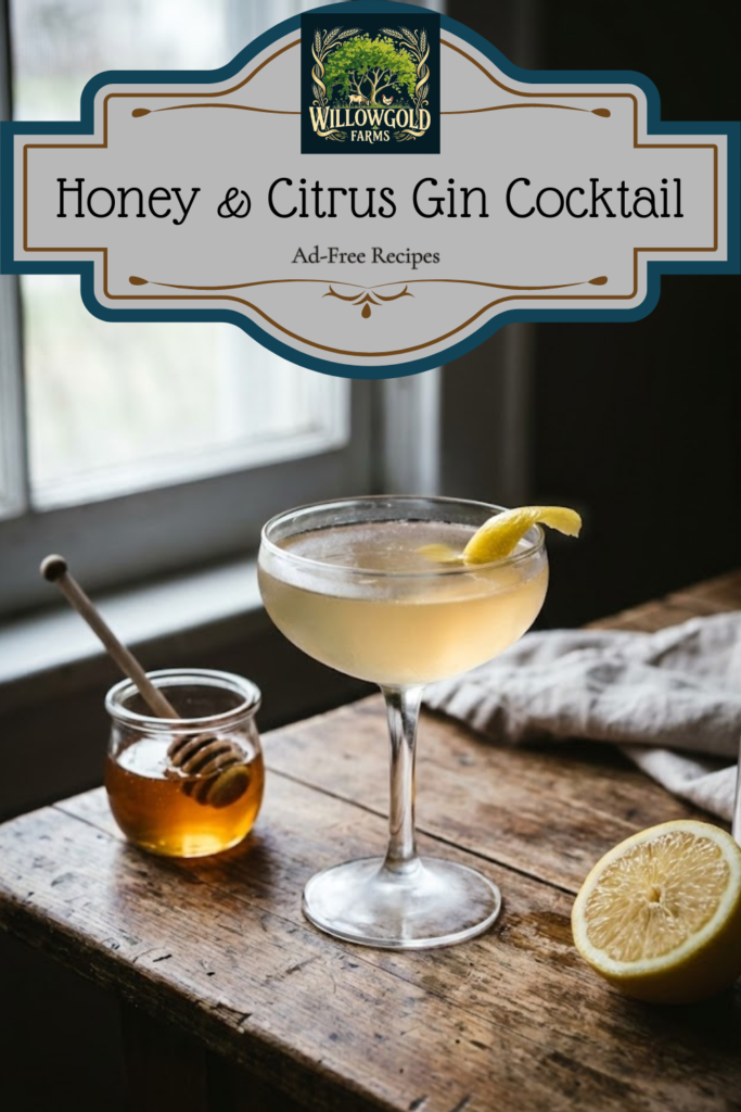 A chilled coupe glass filled with a pale golden cocktail and garnished with a lemon twist, sitting on a dark wooden table next to a small jar of honey and a cut lemon near a window.