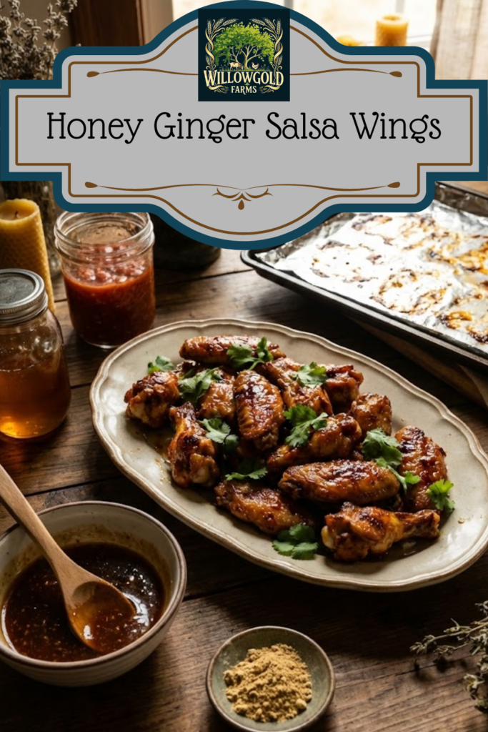 A ceramic platter piled high with sticky, glazed chicken wings garnished with cilantro, sitting on a rustic wooden table next to a jar of salsa, a jar of honey, and a small bowl of ground ginger.