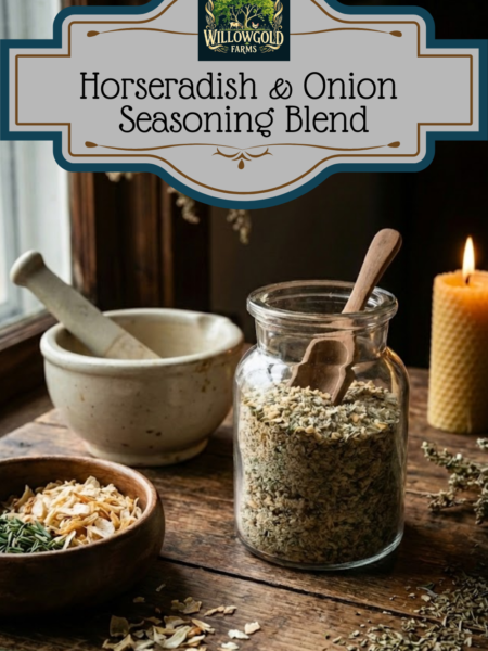 An open clear glass jar filled with a textured spice blend of horseradish and onion flakes, with a small wooden scoop sticking out, sitting on a rustic wooden table next to a mortar and pestle and a beeswax candle.