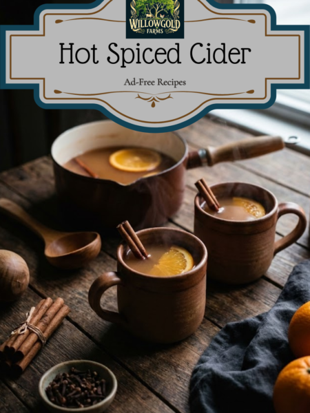 Two ceramic mugs filled with steaming hot spiced cider garnished with orange slices and cinnamon sticks, sitting on a dark wood table next to a saucepan and scattered spices.