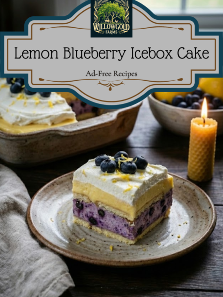 A square slice of creamy Lemon Blueberry Icebox Cake on a vintage plate, sitting next to a rectangular baking dish filled with the layered dessert. The cake is topped with fresh blueberries and lemon zest, set against a dark rustic wooden background.