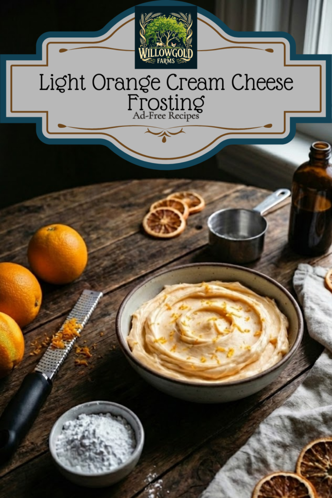 A ceramic bowl filled with swirled light orange frosting topped with fresh zest, sitting on a dark wood table with oranges, a zester, and vanilla extract nearby.